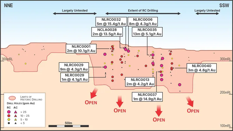 Long section across the Nielle Project demonstrating depth and strike potential