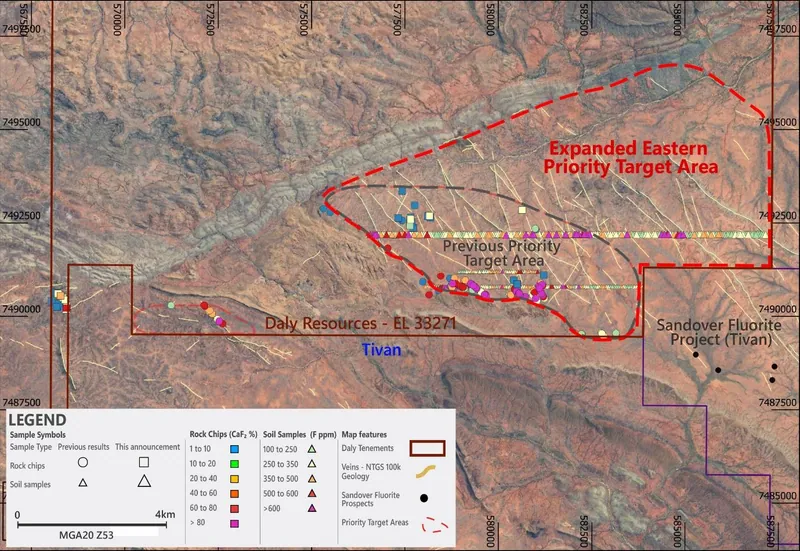 New CaF₂ rock-chip and fluorine-in-soil results, with previously reported geochemistry results from Huckitta (refer ASX announcement 18 September 2026).