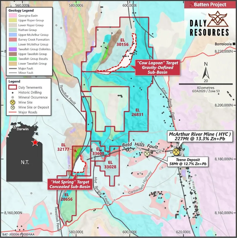Southern Batten Project setting showing the Hot Spring target on the western continuation of the Bald Hills Fault deposit trend, relative to the McArthur River…