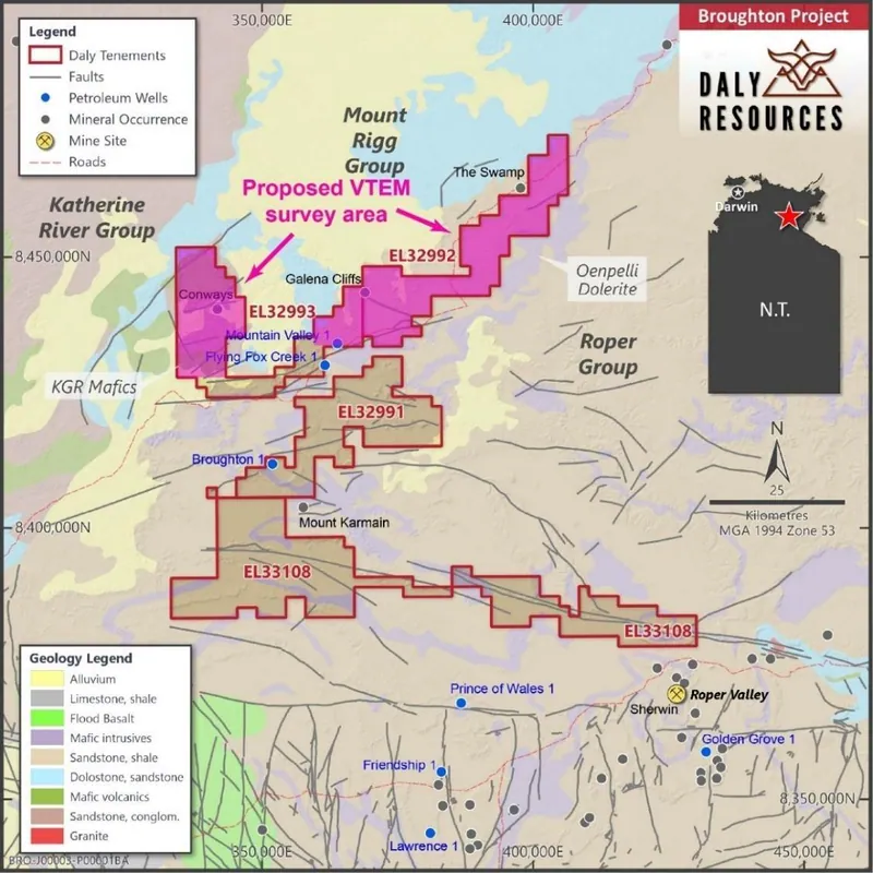 Broughton Project tenements showing regional geology, mineral occurrences and VTEM survey areas (refer ASX announcements 6 July and 27 August 2026)