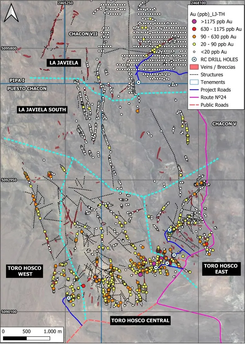 Gold in rock-chip samples (ppb) between La Javiela and Toro Hosco: results for the 603 samples of the May– September 2026 programme, shown with earlier surface…