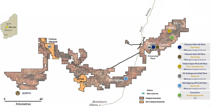 Catalyst’ tenements, showing the Plutonic Gold Belt in the north-east and the Bryah Basin to the southwest