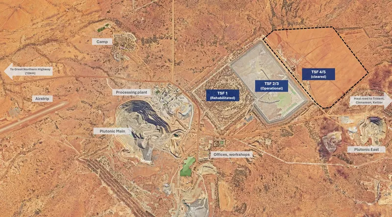 Aerial image of Plutonic site, showing existing TSF cells and cleared area for construction of TSF 4/5