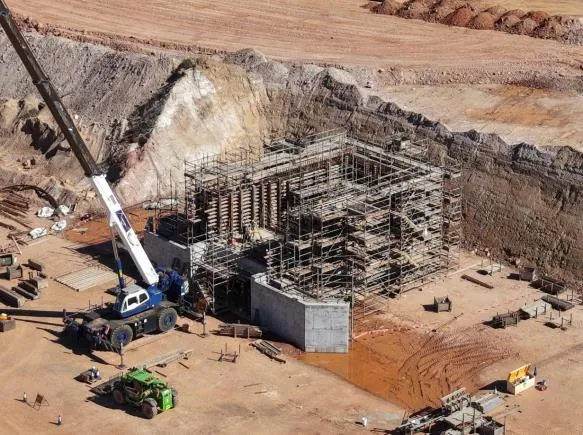 Construction activities underway (August 2026)<br><br>Top: Primary crusher (L); grinding and classification area with major concrete foundations complete (R)<b…