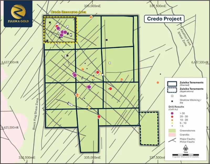 Credo Project showing Credo Well Resource Area and regional drill results