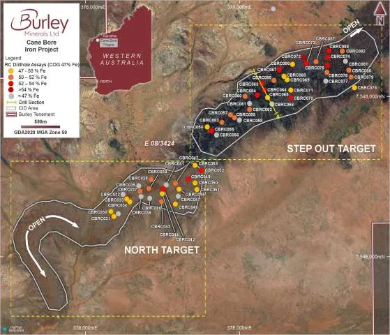 RC drilling locations and assay grades within the North and Step-Out Targets