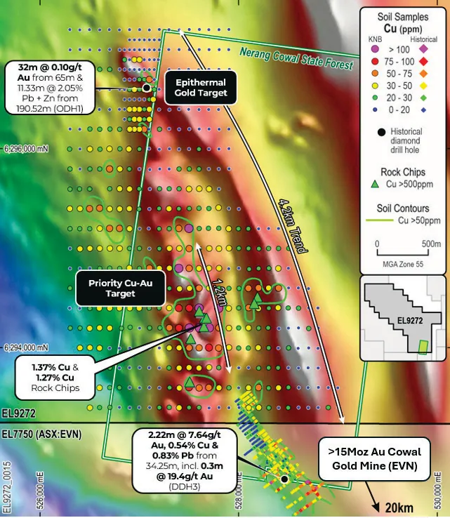 Locations of anomalous Cu rock chips (>500ppm Cu) with Cu soil contours (>50ppm Cu) and historical drillholes ODH-1 & DDH3 returning significant results on TMI…