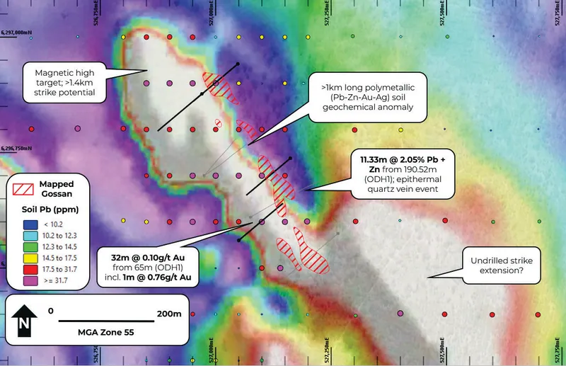 Olaf’s epithermal gold target with proposed drillholes (black traces), historic drilling (grey traces), Pb (ppm) soil geochemistry9, significant drill intersec…