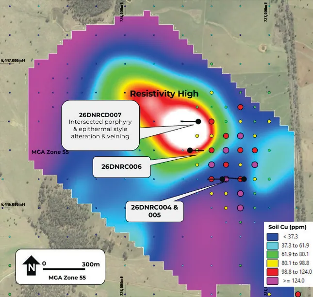 Completed Bolinda Vale drilling (black traces) on resistivity depth slice at 320mRL with Cu (ppm) in soil. All coordinates GDA94 MGAz55