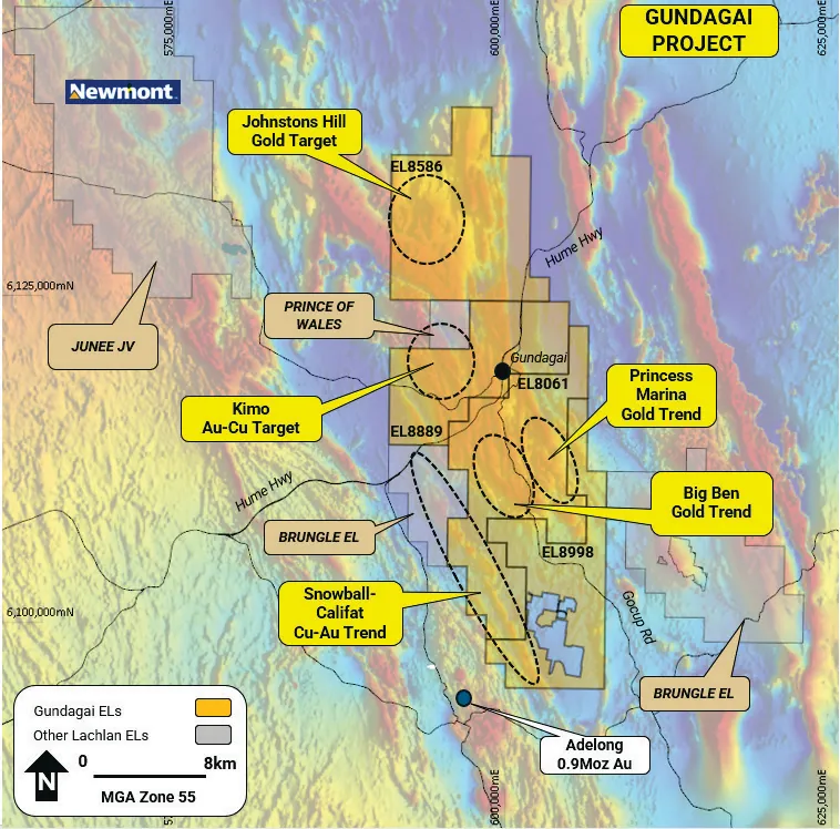 Location Gundagai Project (orange polygons) relative to KNB’s significant tenement portfolio (grey polygons) with target domains highlighted on Reduced to the…