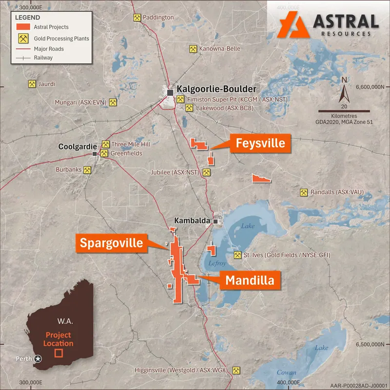 Map illustrating the location of the Mandilla, Spargoville and Feysville Gold Projects