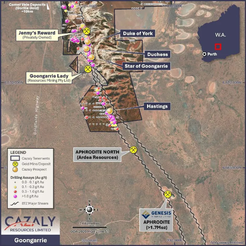Hastings gold prospect along the Bardoc Tectonic Zone, showing maximum gold in drilling associated with the Menzies Shear Zone