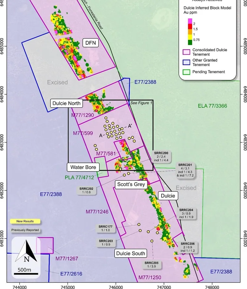 Consolidated Dulcie Gold Project plan showing the Inferred Mineral Resource block model (Au ppm) at Dulcie Far North (DFN), Dulcie North and Dulcie, and the RC…
