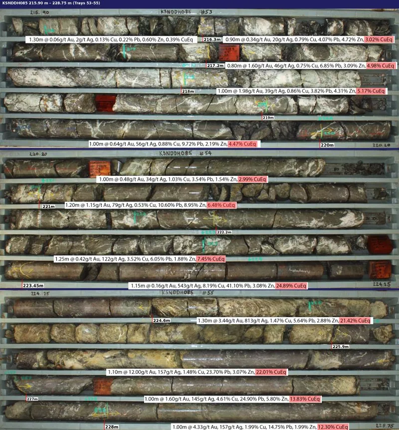 KSNDDH085 drill core, 215.90m to 228.85m. Tray 53 contains abundant epithermal veining with high grades for gold, copper, lead, zinc and silver. In Tray 54, hi…