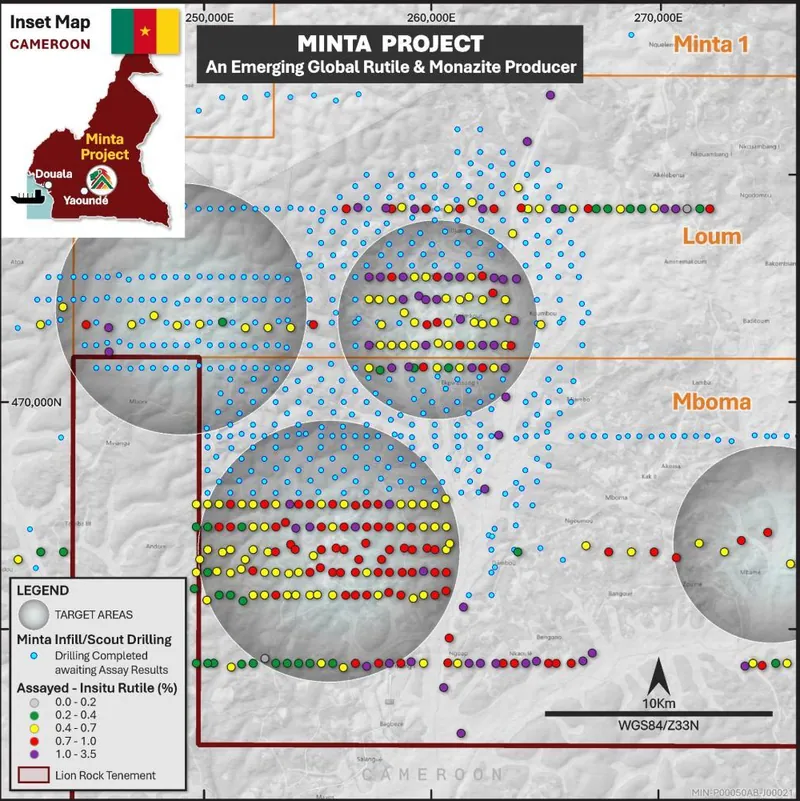 Mboma, Loum and Minta 1 residual rutile target areas and result distribution
