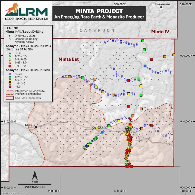 Minta Project Auger drill hole TREO/calculated-monazite results.