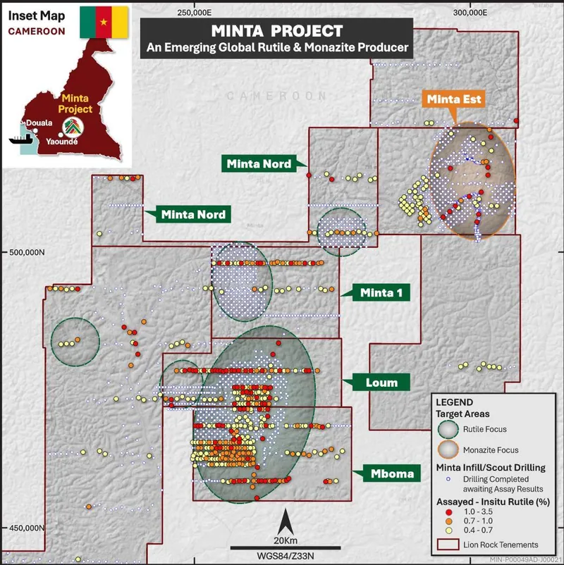 Minta Project target areas showing Mboma, Loum, Minta 1 and Minta Est