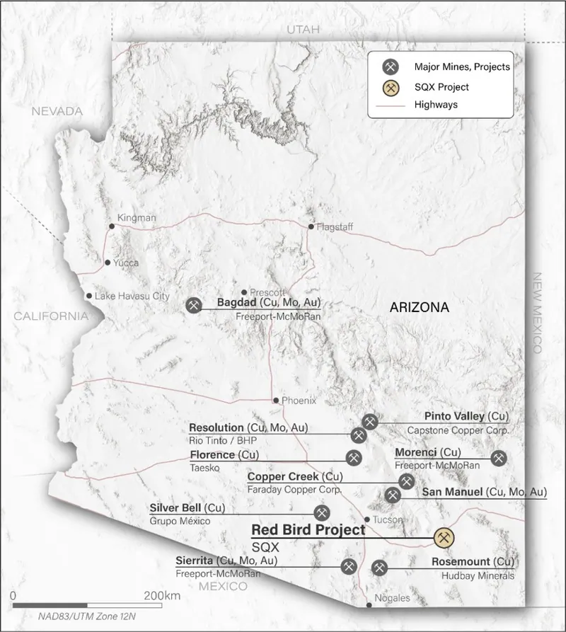 Map of Arizona showing the location of the Red Bird Gold Project