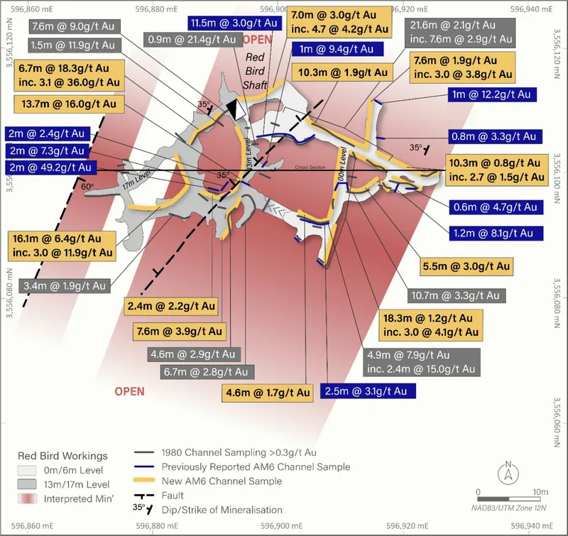 Plan map showing location of the underground workings, chip-channel samples and the broad gold mineralised zone