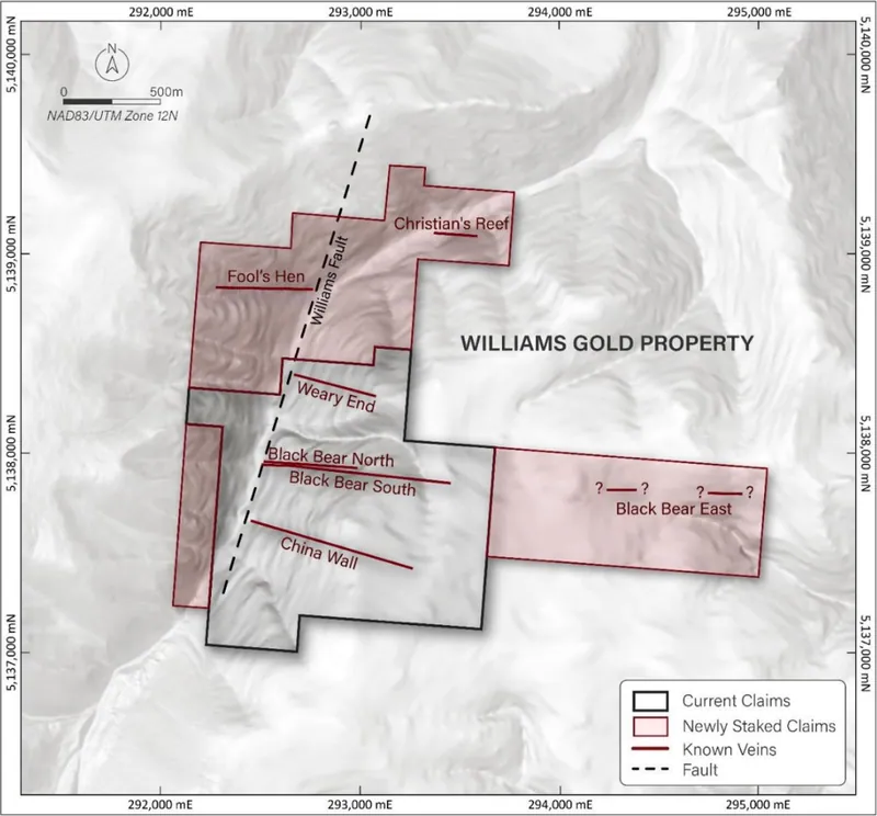 Williams claim map showing previous and newly staked claims which include the Black Bear East prospect, Christian’s Reef and Fool’s Hen prospects