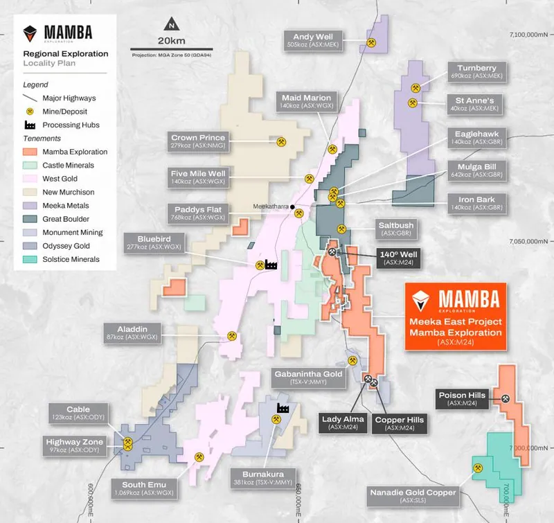Map from Mamba Exploration Limited’s announcement “MAIDEN DRILLING UNDERWAY AT MEEKA EAST”