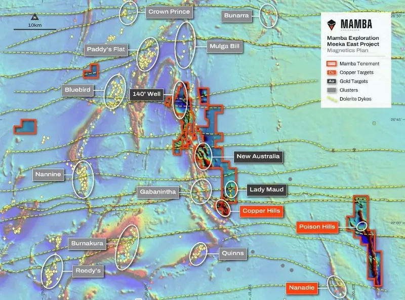Meeka East Project magnetics plan showing 140 Foot Well, New Australian and Lady Maud, the Copper Hills–Lady Alma corridor and Poison Hills, with the regional…