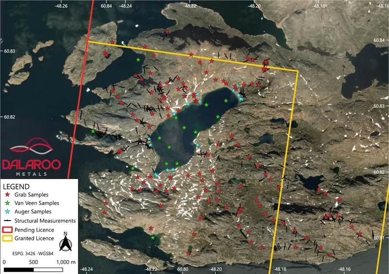 Location of geological mapping, surface rock, sediment, lagoon and offshore sample sites completed during the 2026 Blue Lagoon exploration program