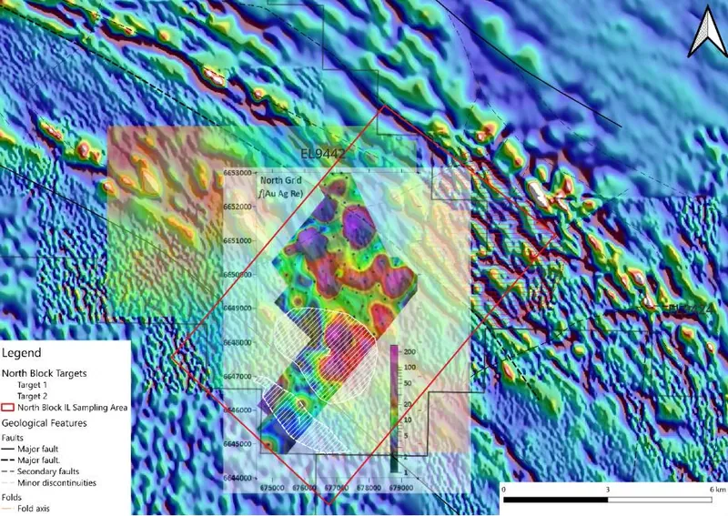 Au, Ag, Re relative anomalism with Ionic Leach survey area overlaid on North Block anomalies