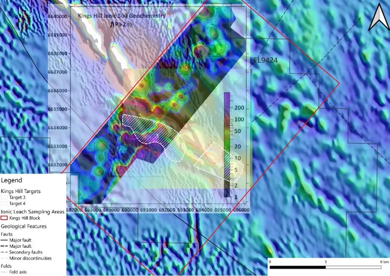 (below): Pb, Zn relative anomalism with Ionic Leach survey area overlaid on Kings Hill anomalies