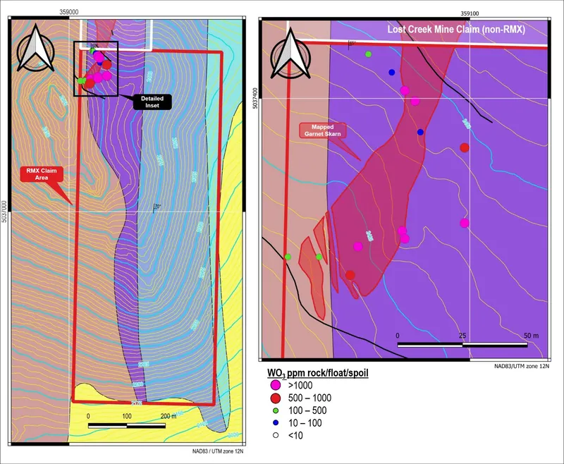 WO3 results for the Lost Creek prospect relative to topography and USGS surface geology after McDonald and Yakovlev (2019) Figure 3