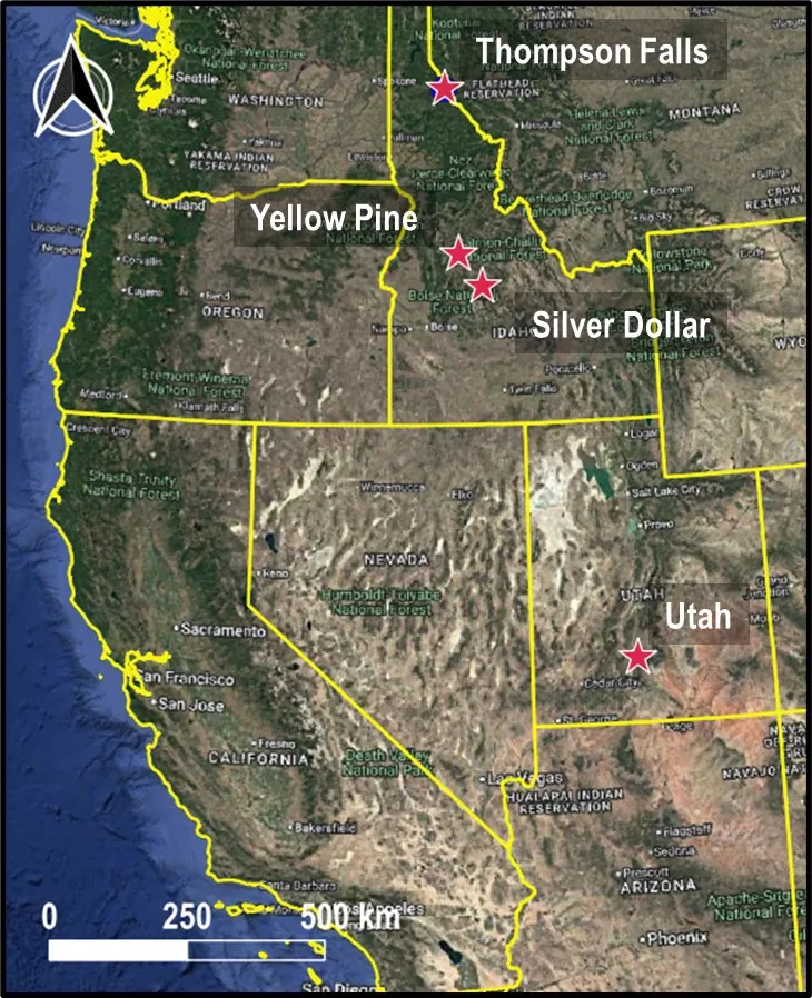 Location of Red Mountain’s Thompson Falls, Utah, Yellow Pine and Silver Dollar (now relinquished) antimony projects in the Western USA