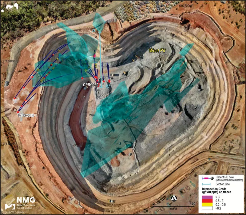 Plan of the northern Crown Prince open pit showing the CPRC004–CPRC009A and CPRC026–CPRC038 drill traces and intercepts, and section line A–A’