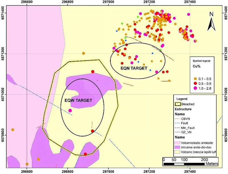Surface rock chip samples on geological background over both drill target areas (from announcement dated 18 August)