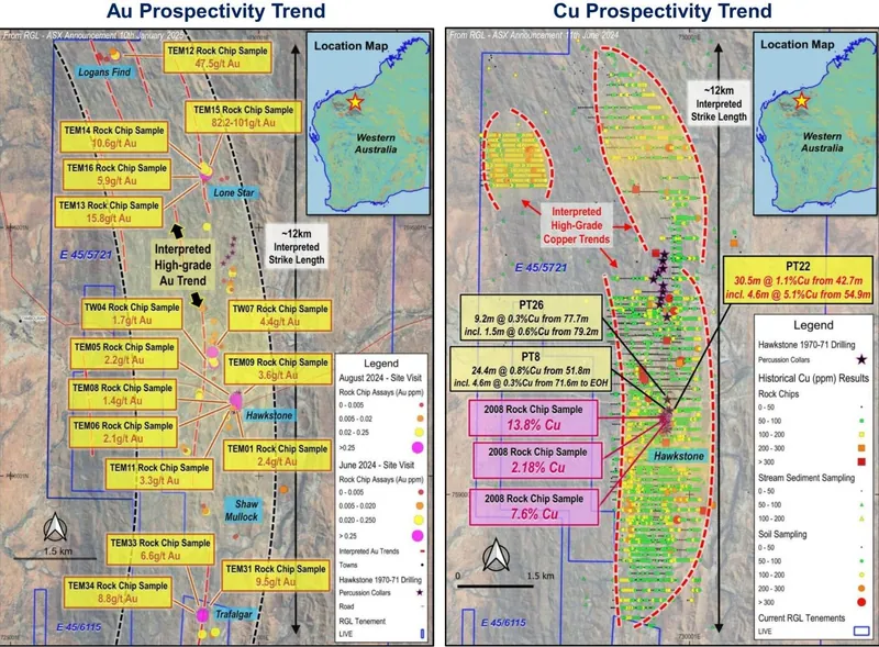 Plan maps of the Tambourah Project illustrating the mineralised gold and copper trends