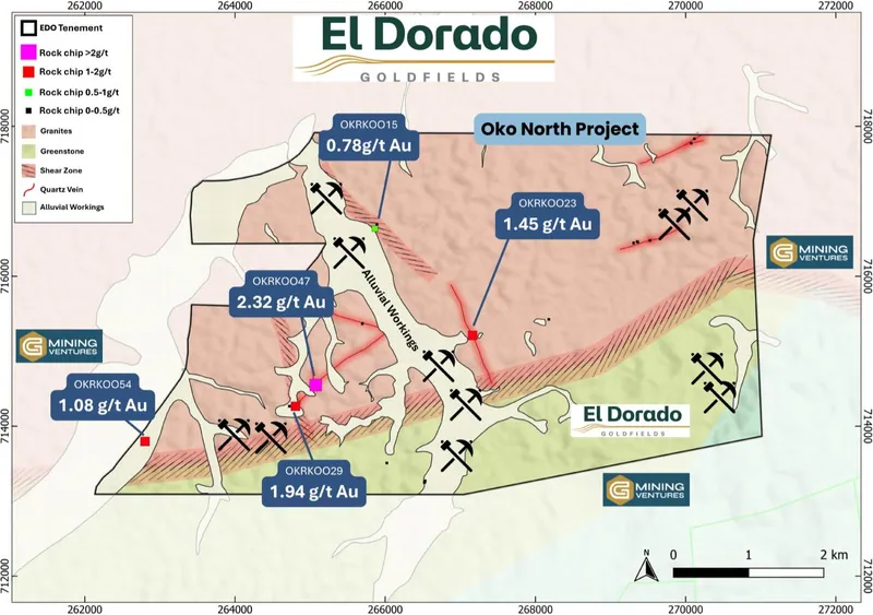 Oko North Map showing rock chip sample locations, basement geology and mapped shear zones/quartz veins