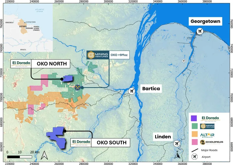 Location of the Oko North and Oko South Gold Projects in the Cuyuni Mining District, Guyana, showing the Oko North and Oko South Project areas relative to grou…