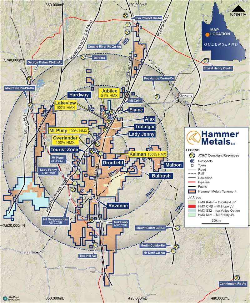 Hammer’s Mount Isa tenements, Mineral Resources and prospects, showing the remaining joint venture and Isa Valley earn-in areas