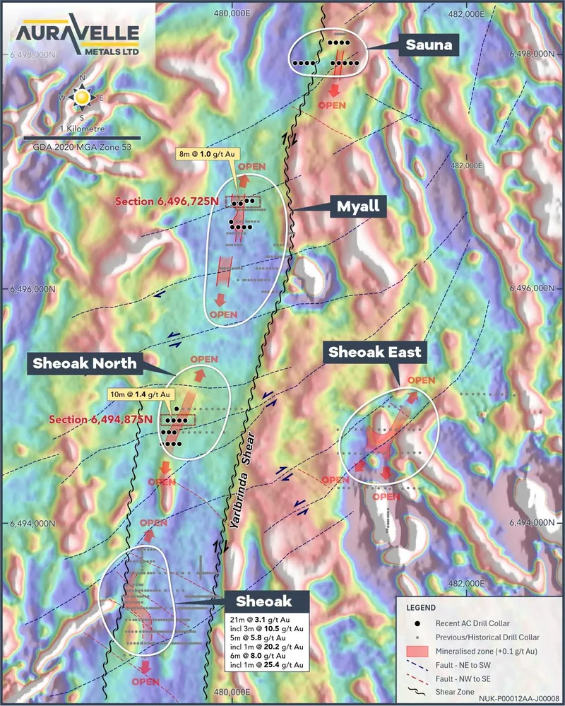 Myall to Sheoak Prospects – Sheoak Anomalous Gold Trend from Drilling over Magnetics1