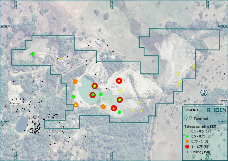 Location and grades of historical tailings sampling results