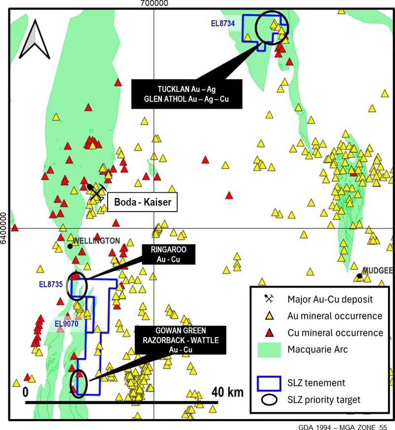SLZ’s LFB tenements and priority target areas relative to the mapped exposures of the Macquarie Arc, gold and copper mineral occurrences from the Geological Su…