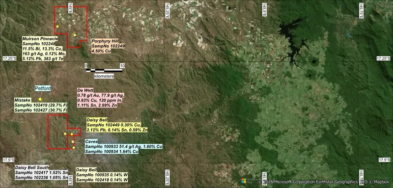 Highlight assay results of mullock and outcrop rock chip sampling from within Tartana Minerals Ltd