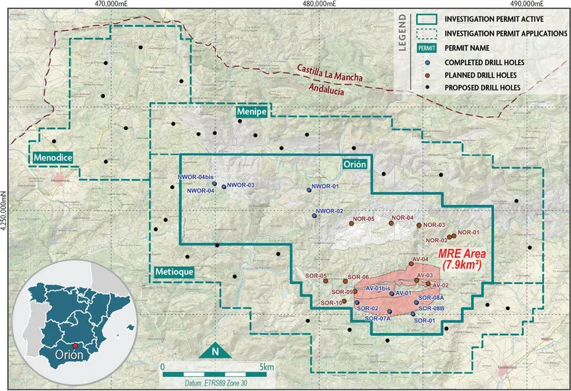 Map Showing Orión Project Area with Planned Drill Holes in Maroon. Blue samples denote completed holes