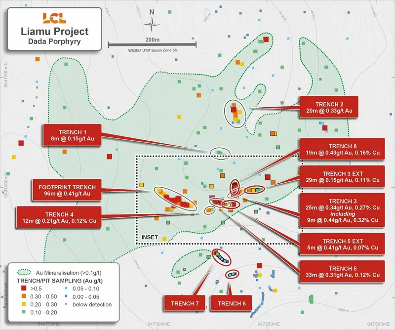 Dada trench and pit geochemical results, showing the extent of gold mineralisation (>0.1g/t Au) and stockwork-hosted trench intercepts