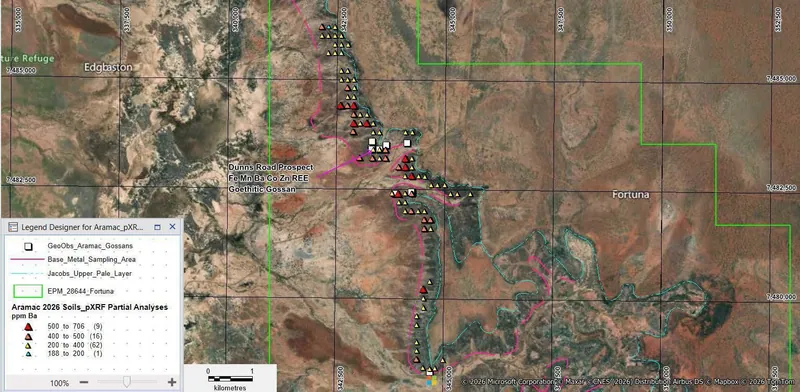 ActivEX Limited Aramac Project showing the location of the soil sampling grid in the vicinity of the Dunns Road Prospect and the ppm Barium results
