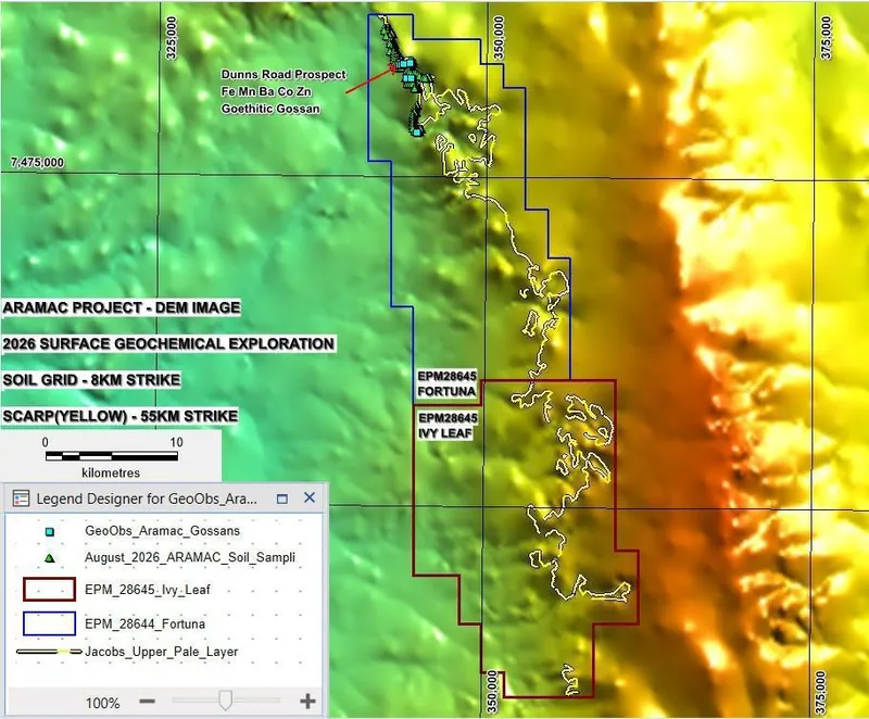 ActivEX Limited Aramac Project showing the location of the soil and rock samples