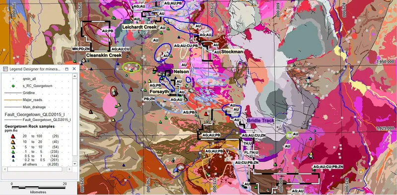 ActivEX Limited Georgetown Gold Key Target Areas showing geology and structure, mineral occurrences