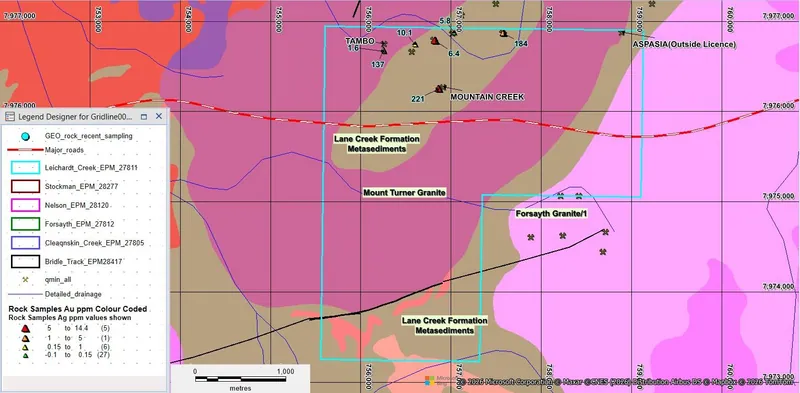 Georgetown Project Tambo Prospect Rock Sample Locations with Au and Ag rock assay results