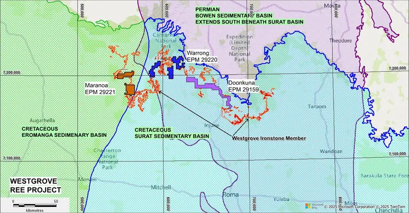 Location of the Westgrove Ironstone Member across the northern margin of the Surat and Eromanga Sedimentary Basins along with the Westgrove Project tenure