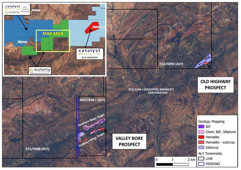 Bryah Project showing location of Valley Bore and Old Highway Prospects