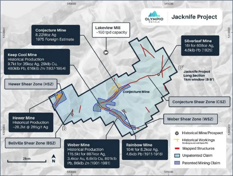 Plan view of the Jacknife Project with historical mines, patented and unpatented lease boundaries and prospective shear zones